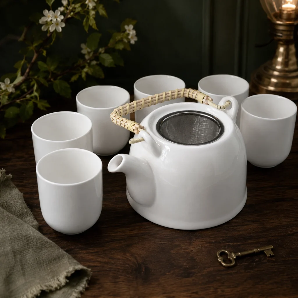 Classic White Herbal Teapot Set
