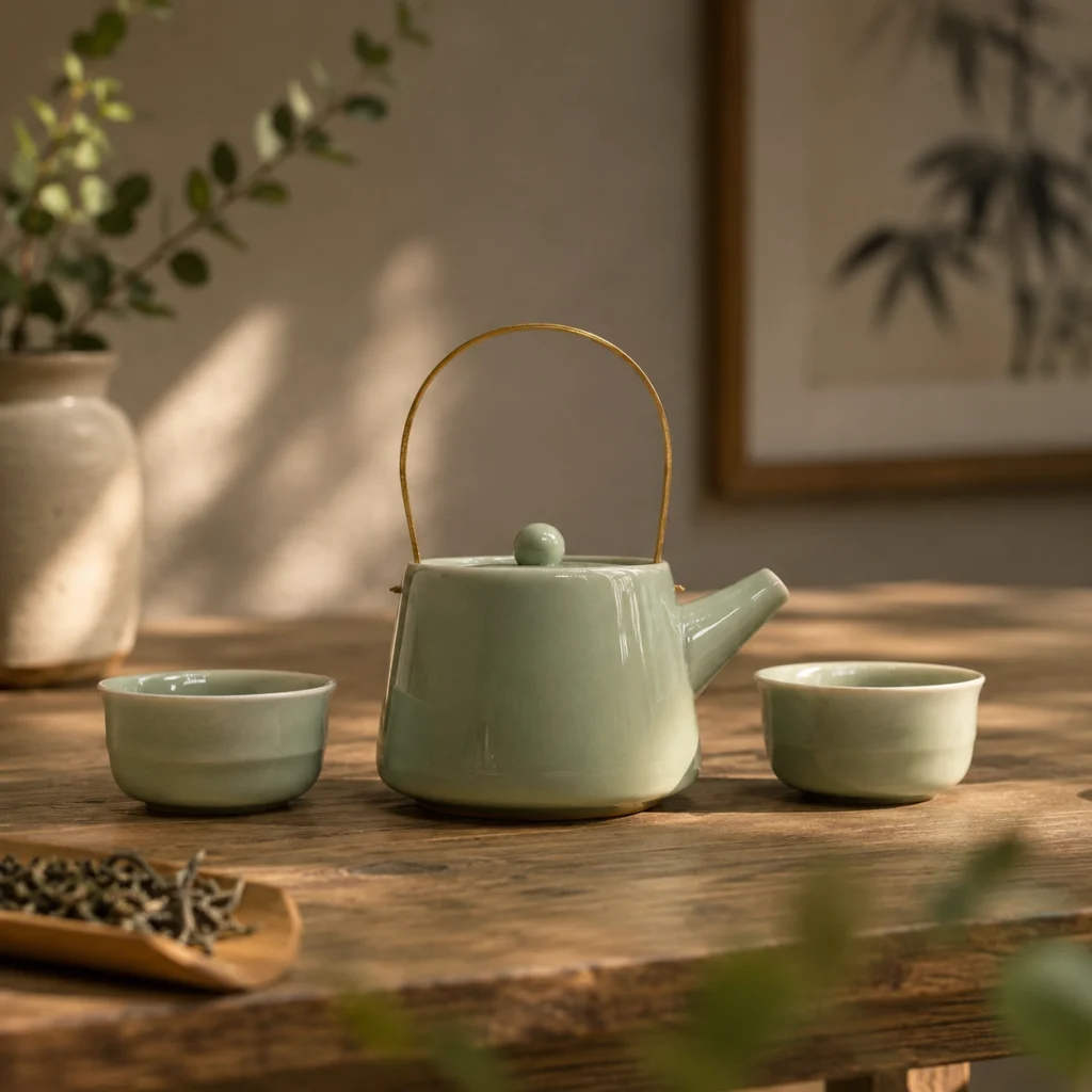Herbal Jade Teapot Set with Two Cups