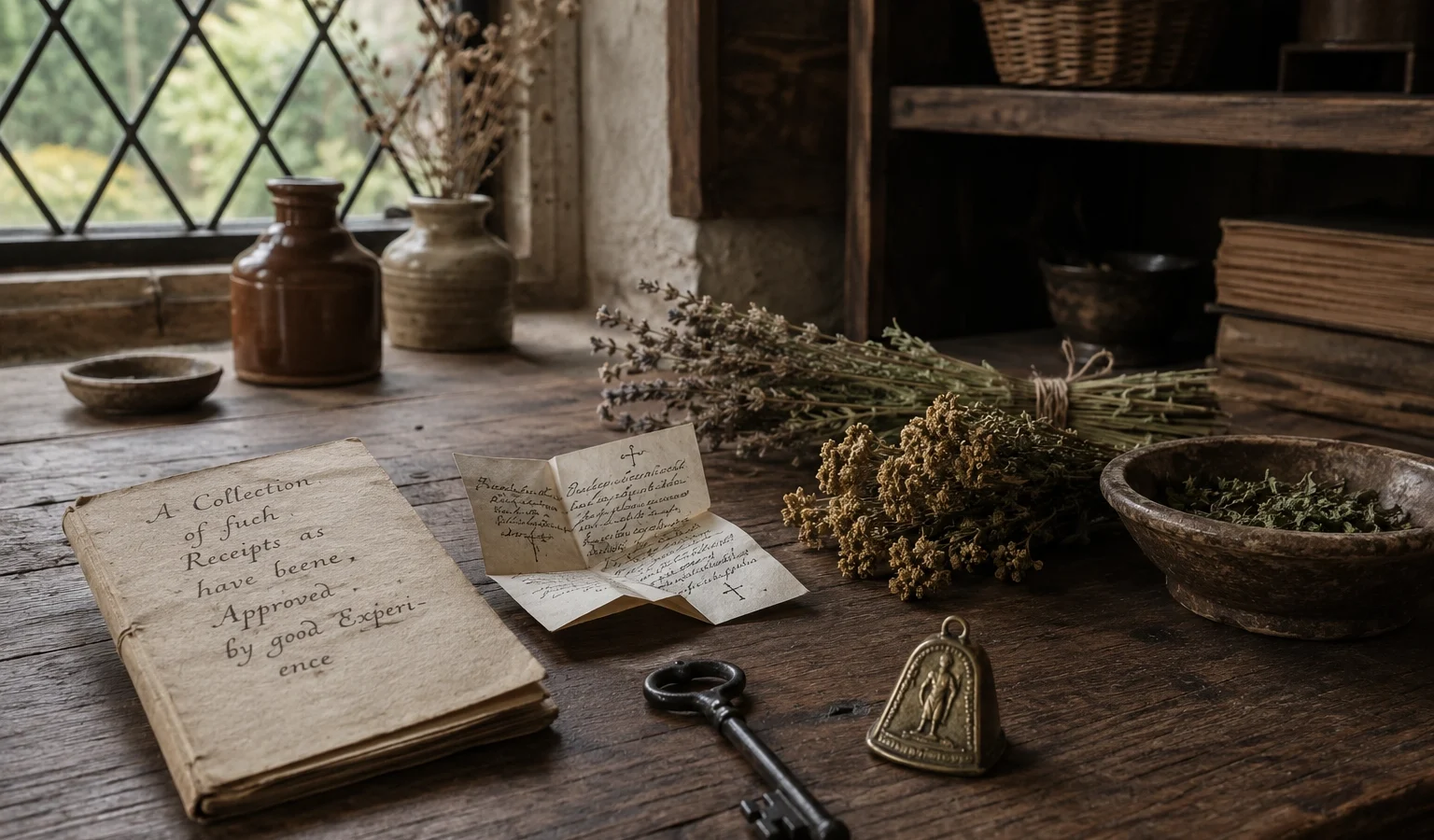 Seventeenth-century English cottage table with a folded charm, small book and herbs associated with cunning folk in England.