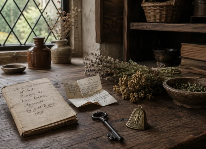 Seventeenth-century English cottage table with a folded charm, small book and herbs associated with cunning folk in England.