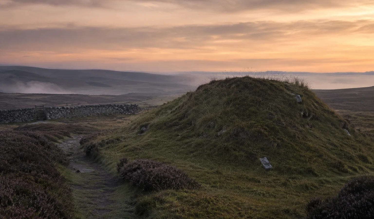 Misty British hillside with an old grassy mound and narrow path associated with the Fair Folk in British folklore.
