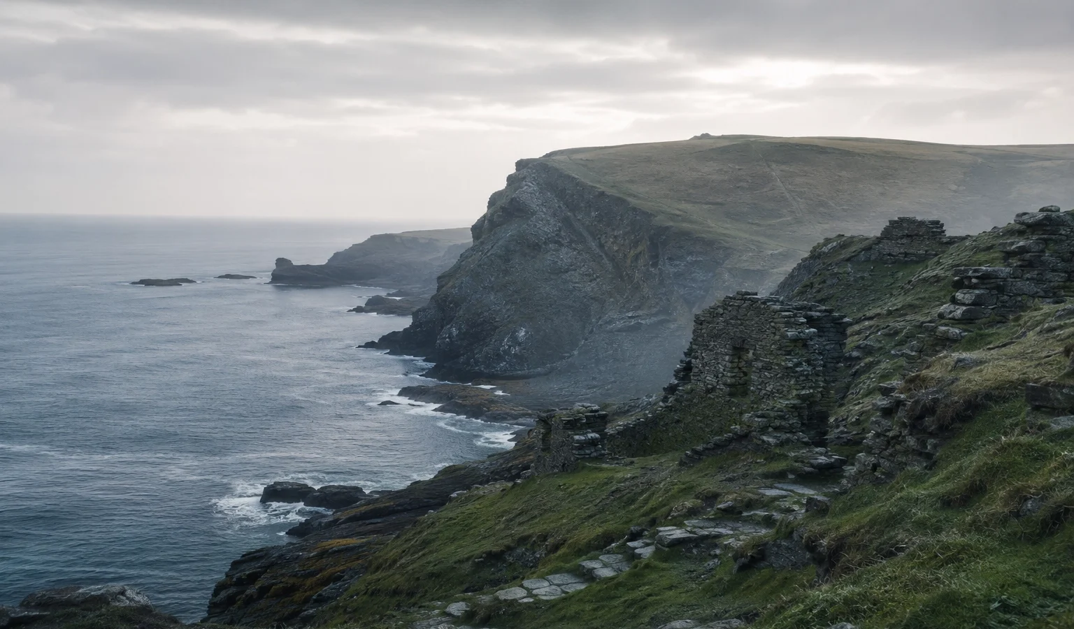 Mist over the cliffs at Tintagel, a landscape long associated with the legend of King Arthur.