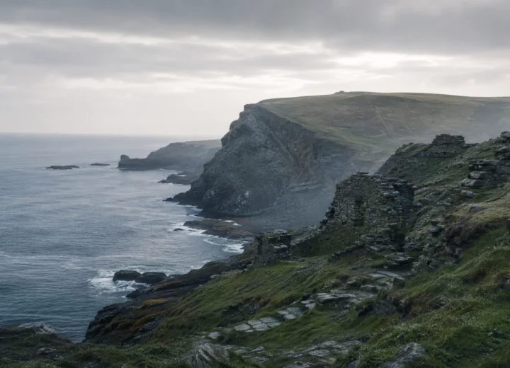 Mist over the cliffs at Tintagel, a landscape long associated with the legend of King Arthur.