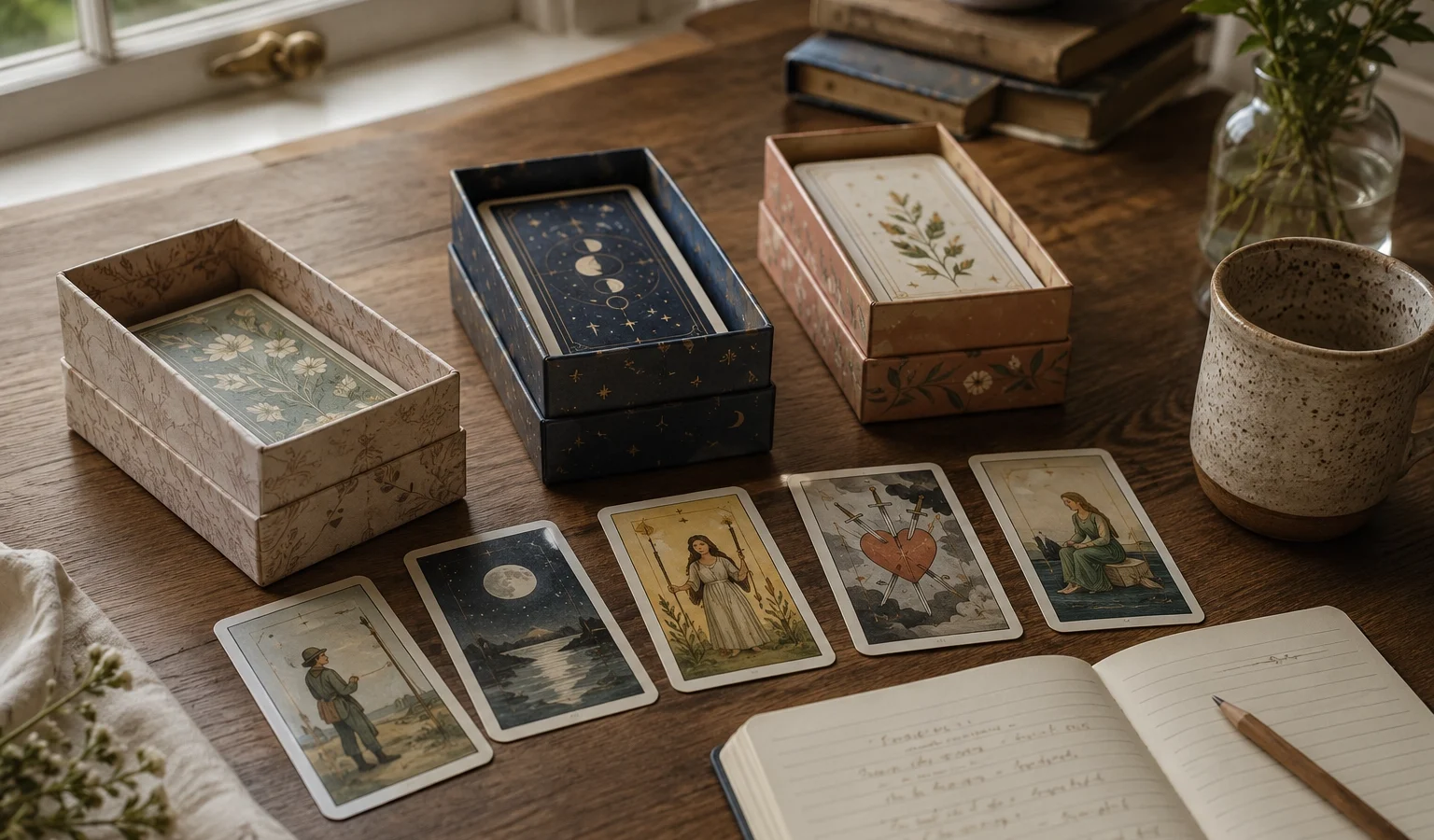 Several tarot decks and loose cards arranged on a wooden table to help choose your first tarot deck.