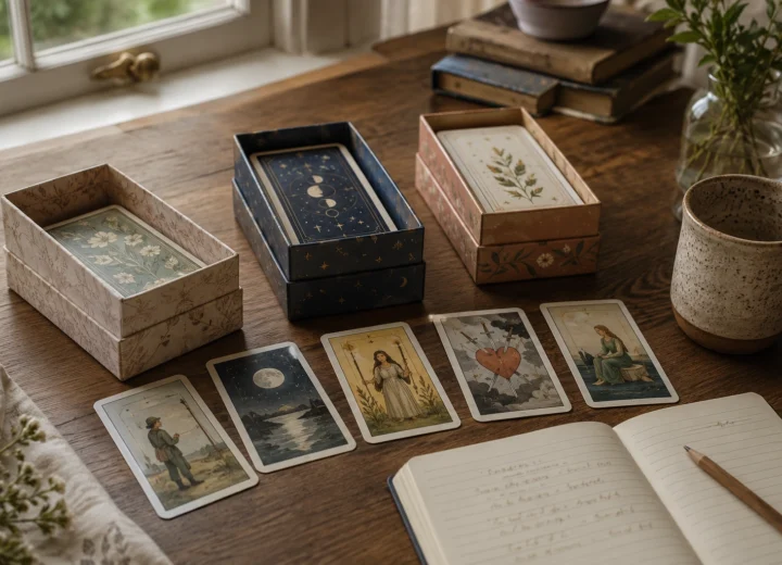 Several tarot decks and loose cards arranged on a wooden table to help choose your first tarot deck.