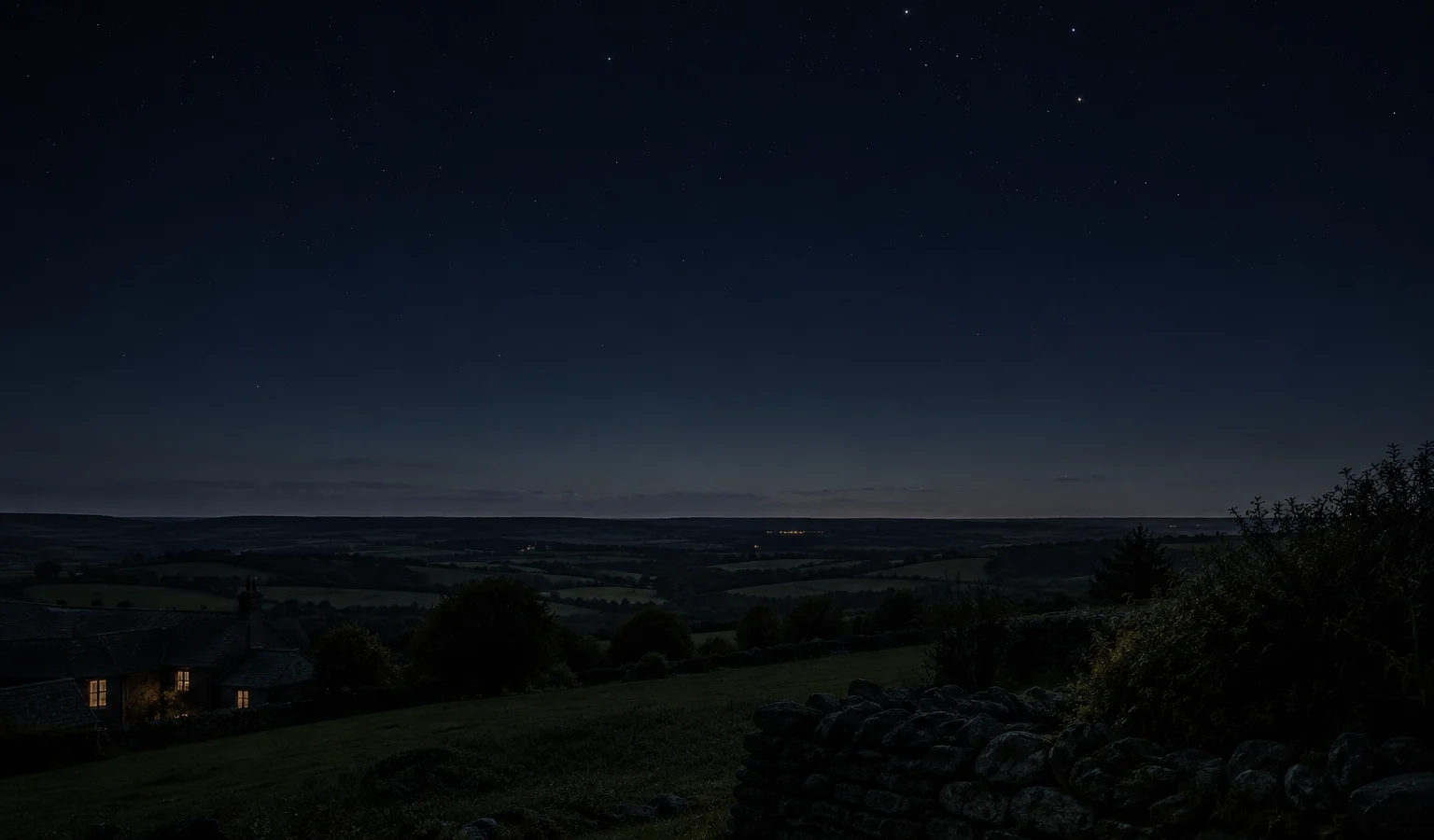 Dark new-Moon night over a quiet British landscape, reflecting new Moon symbolism through stars, hedges and rooftops.