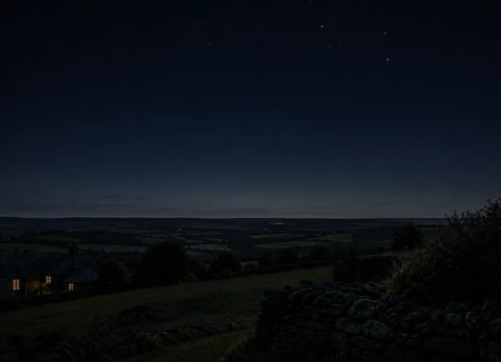 Dark new-Moon night over a quiet British landscape, reflecting new Moon symbolism through stars, hedges and rooftops.