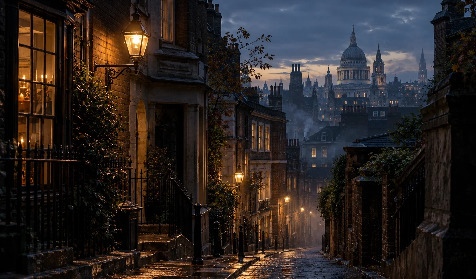 Haunted London at dusk, with a quiet historic street, old buildings, warm lamps and light mist