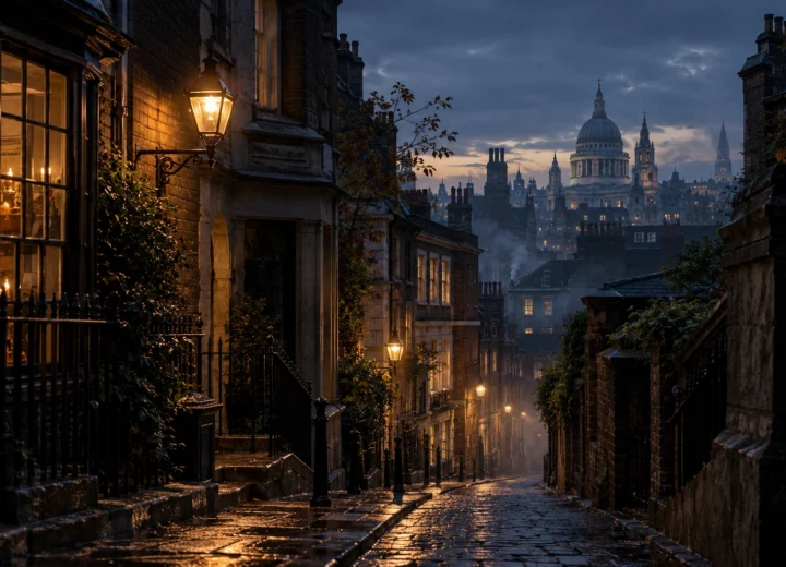 Haunted London at dusk, with a quiet historic street, old buildings, warm lamps and light mist