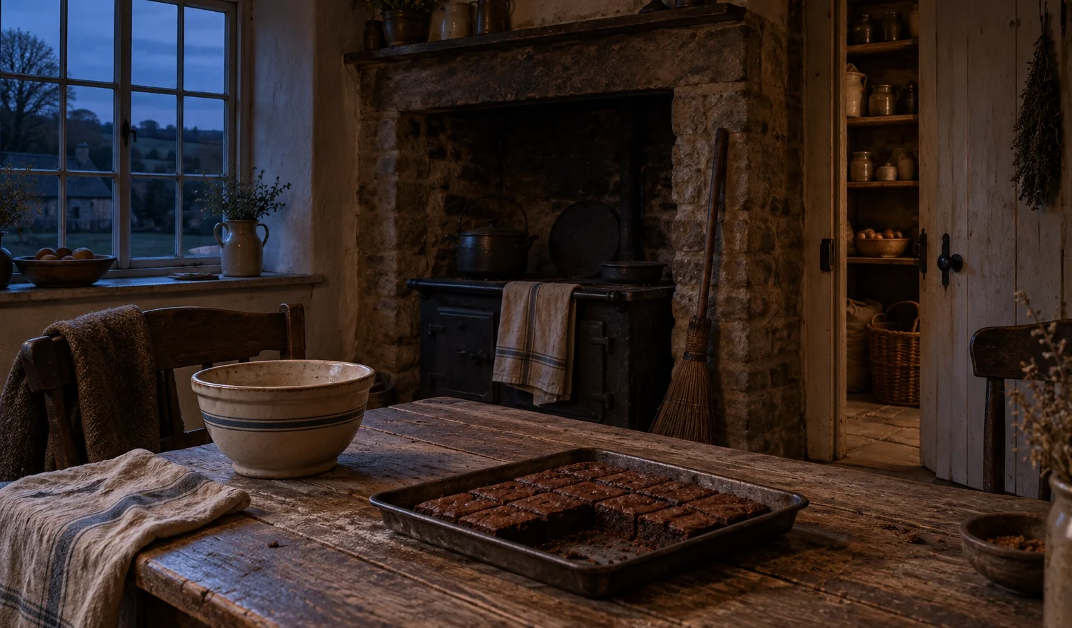 Old British farmhouse kitchen evoking stories of hobs and brownies, with a milk bowl, broom and half-open pantry door.