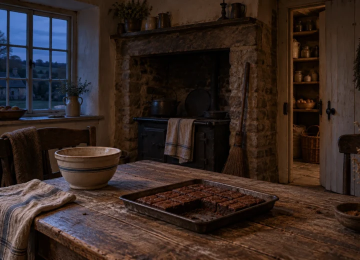 Old British farmhouse kitchen evoking stories of hobs and brownies, with a milk bowl, broom and half-open pantry door.