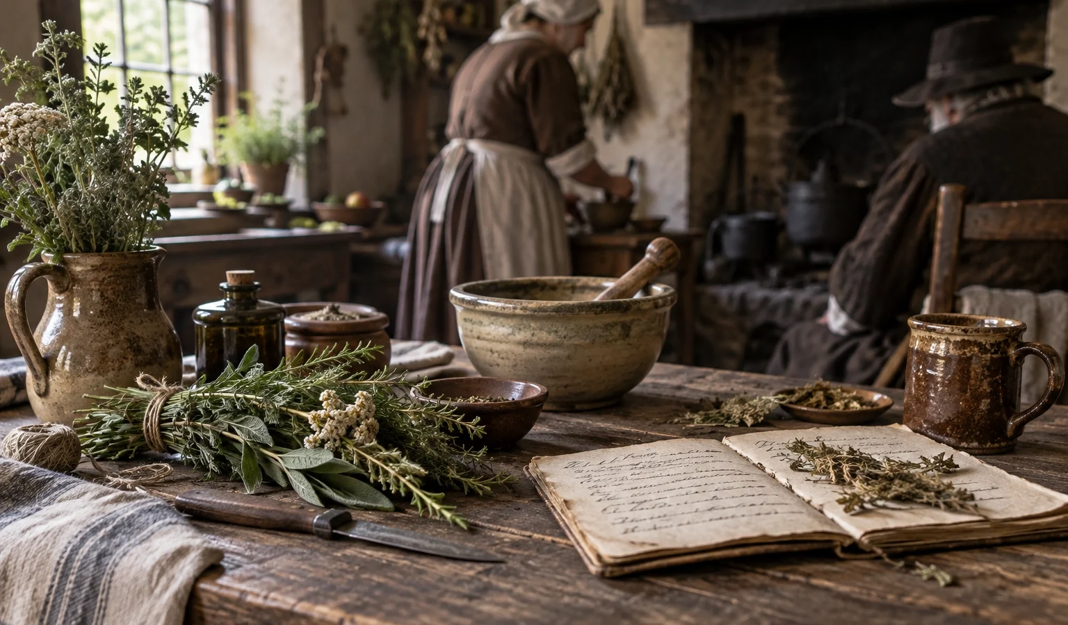 Early modern English household scene associated with wise women and cunning men, with herbs, remedies and a handwritten recipe book.