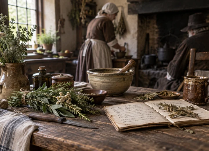 Early modern English household scene associated with wise women and cunning men, with herbs, remedies and a handwritten recipe book.