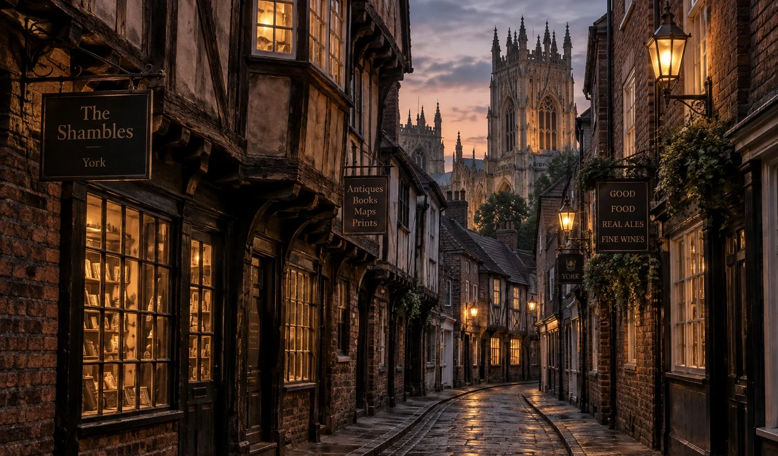 Historic York lane at dusk associated with the ghosts of York, with old stone and timber buildings.