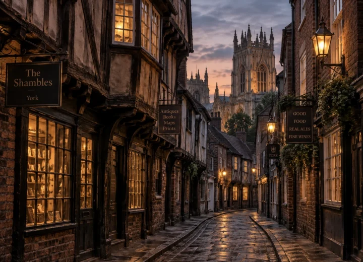 Historic York lane at dusk associated with the ghosts of York, with old stone and timber buildings.