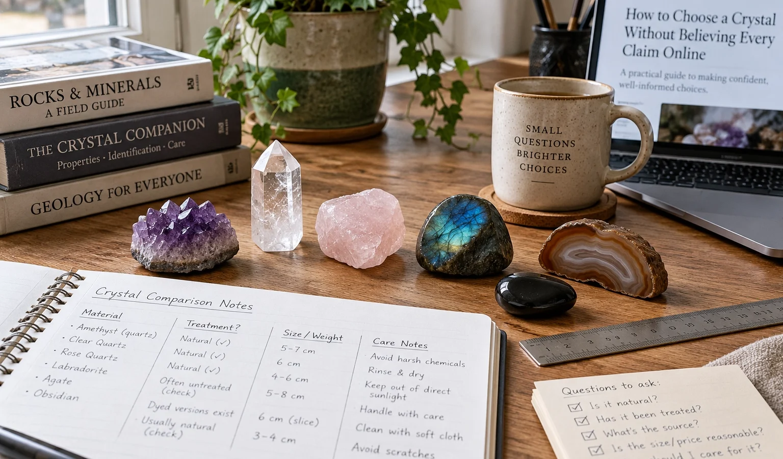 Mineral specimens and comparison notes showing how to choose a crystal by checking material, treatment, size and care.