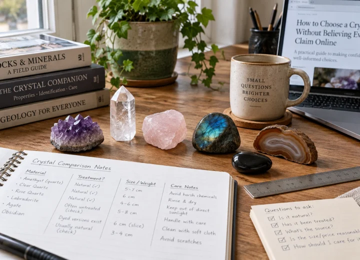 Mineral specimens and comparison notes showing how to choose a crystal by checking material, treatment, size and care.