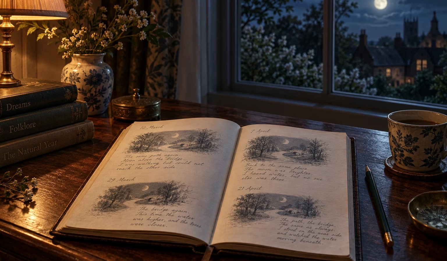 Open dream journal with repeated dated entries beside a bedside lamp, illustrating the meaning of recurring dreams