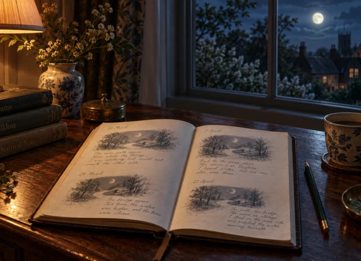 Open dream journal with repeated dated entries beside a bedside lamp, illustrating the meaning of recurring dreams