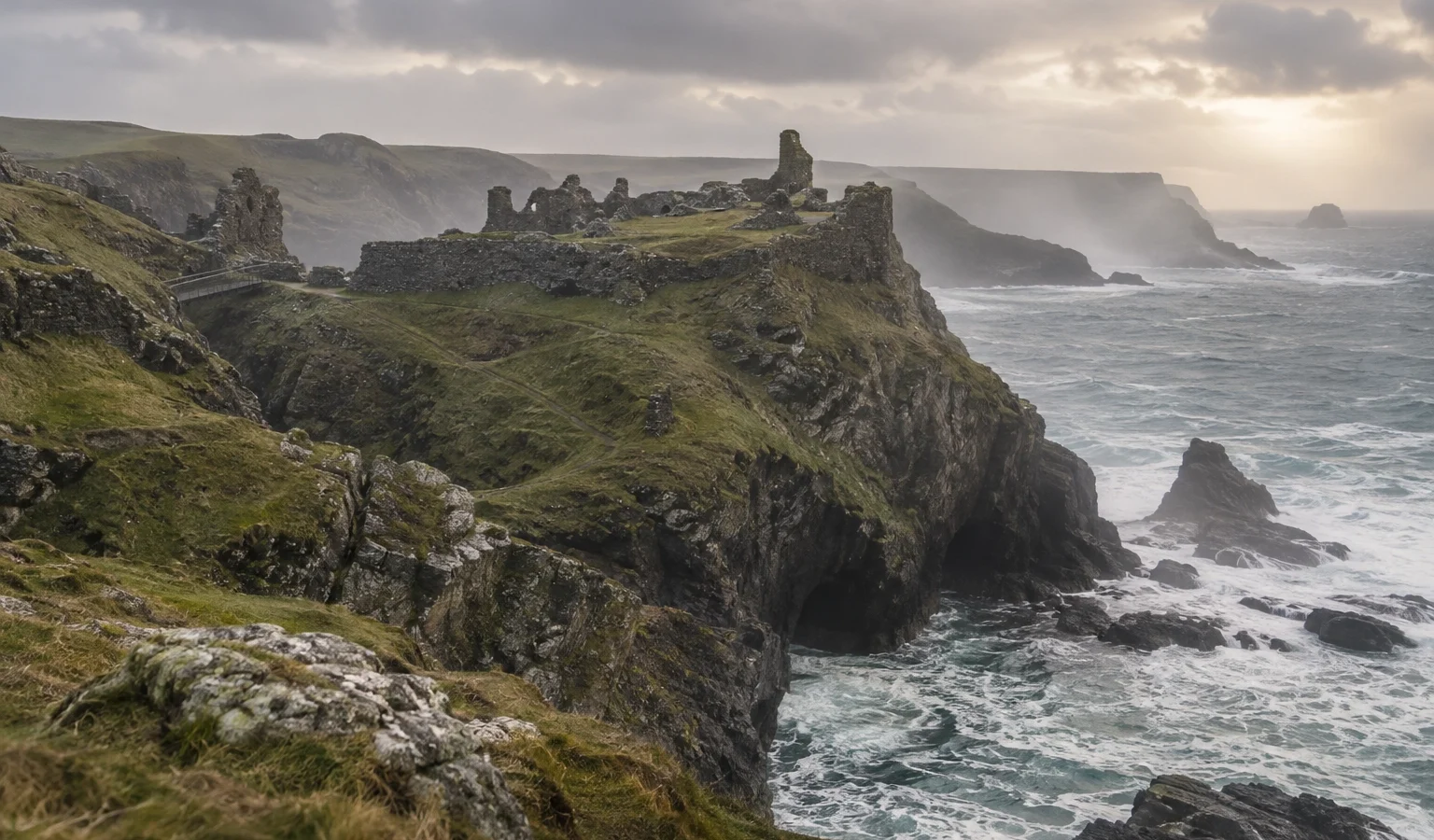 Tintagel Castle ruins on the rugged north Cornwall coast above the Atlantic.