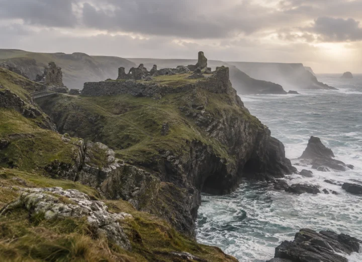 Tintagel Castle ruins on the rugged north Cornwall coast above the Atlantic.
